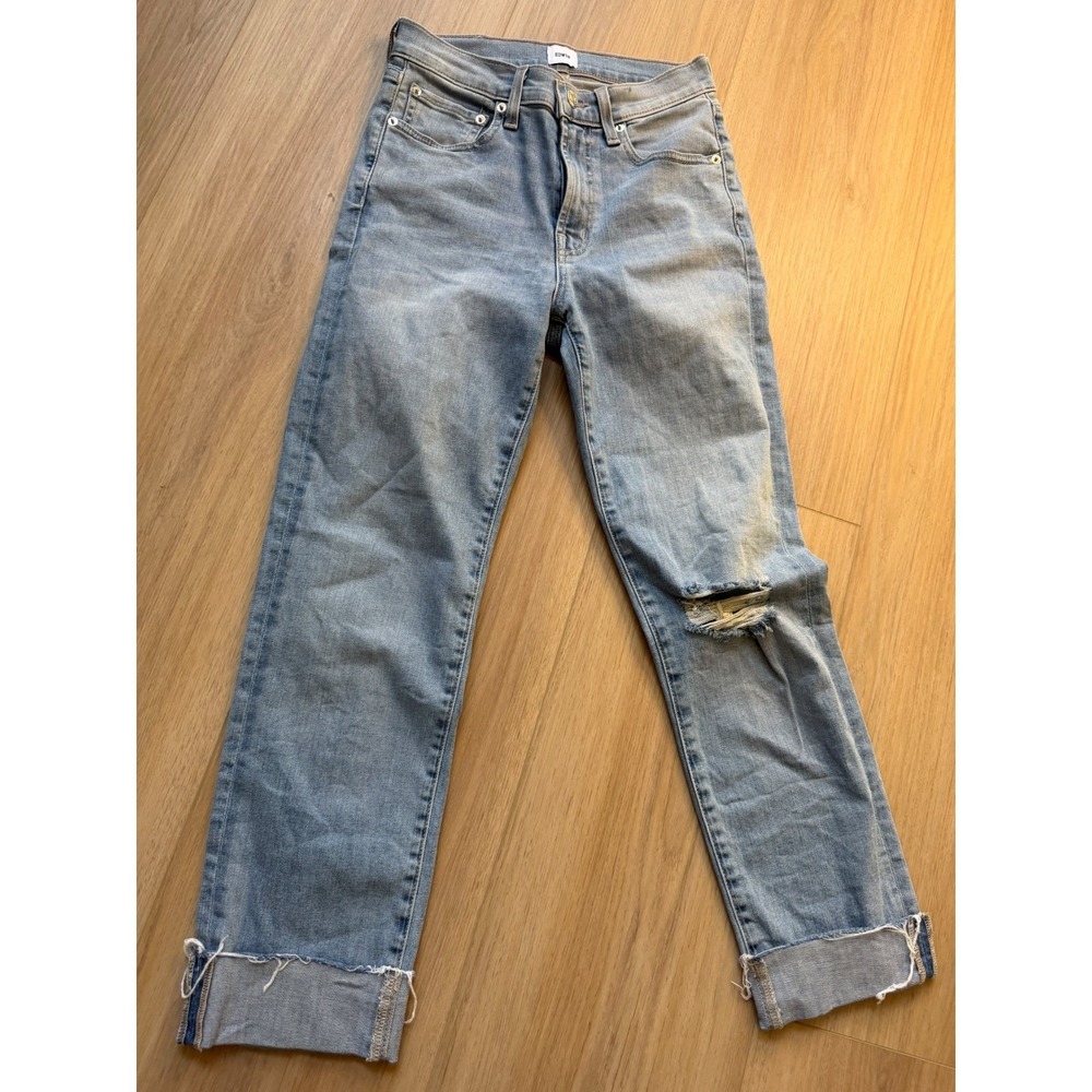 Edwin Bree High Rise Straight Leg Distressed Jeans Light Wash Blue Size 25